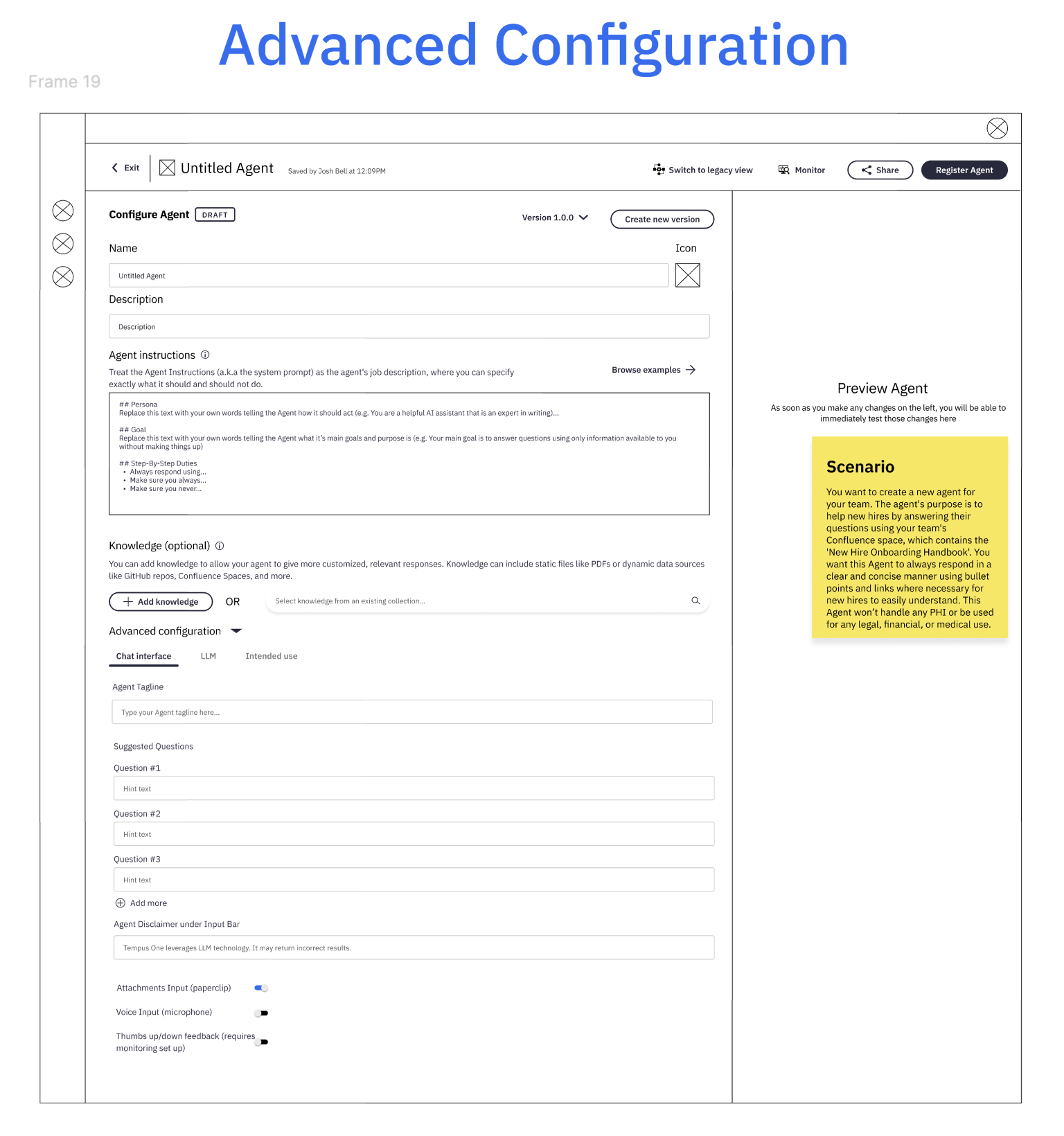 Low-fidelity wireframe of the Advanced configuration section expanded to the Chat interface tab, showing an agent tagline field, three suggested-question fields, an agent disclaimer field, and toggles for attachments input, voice input, and thumbs up/down feedback