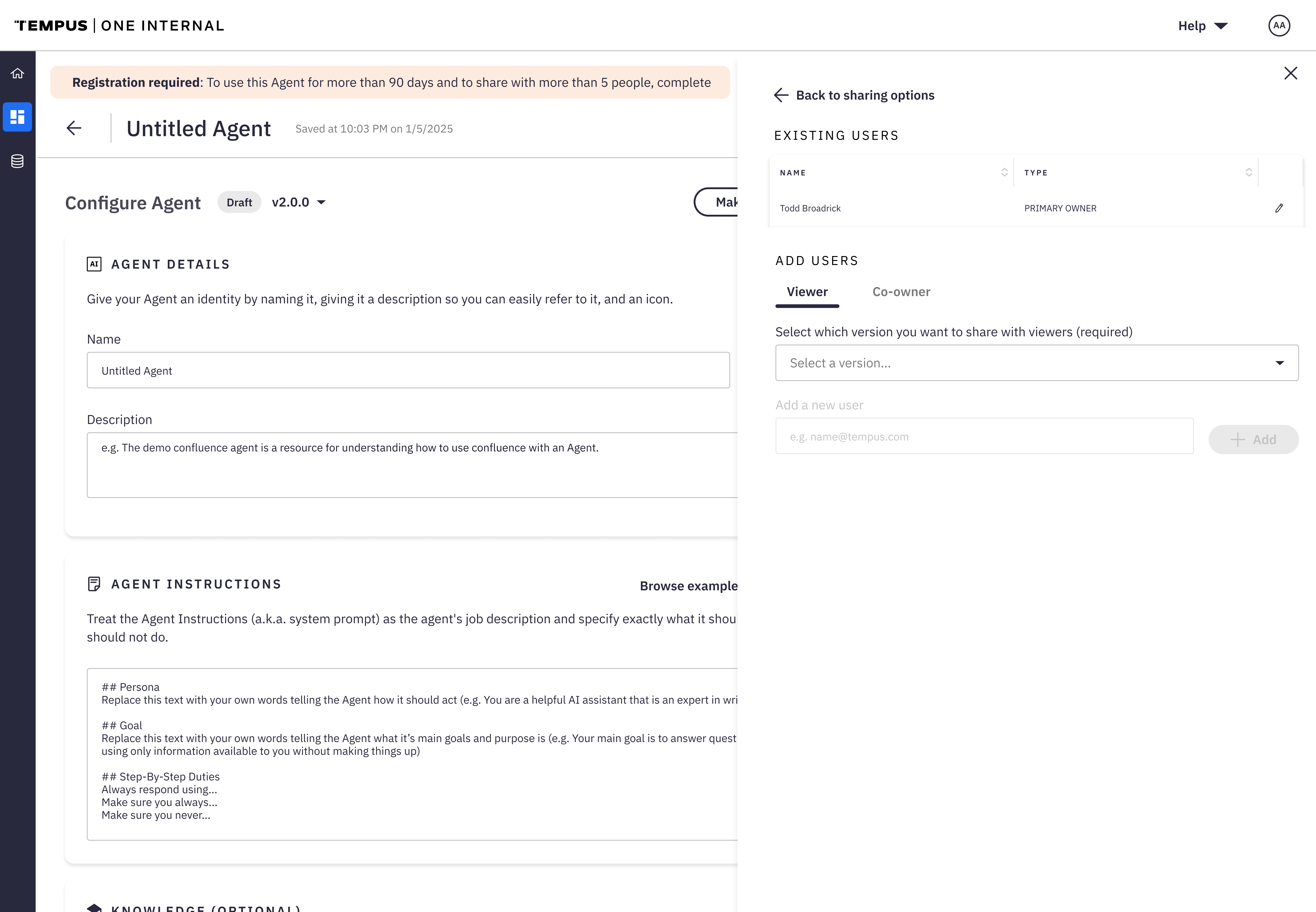 Sharing panel for adding up to five viewers or co-owners to an agent, with a version selector for what viewers will see