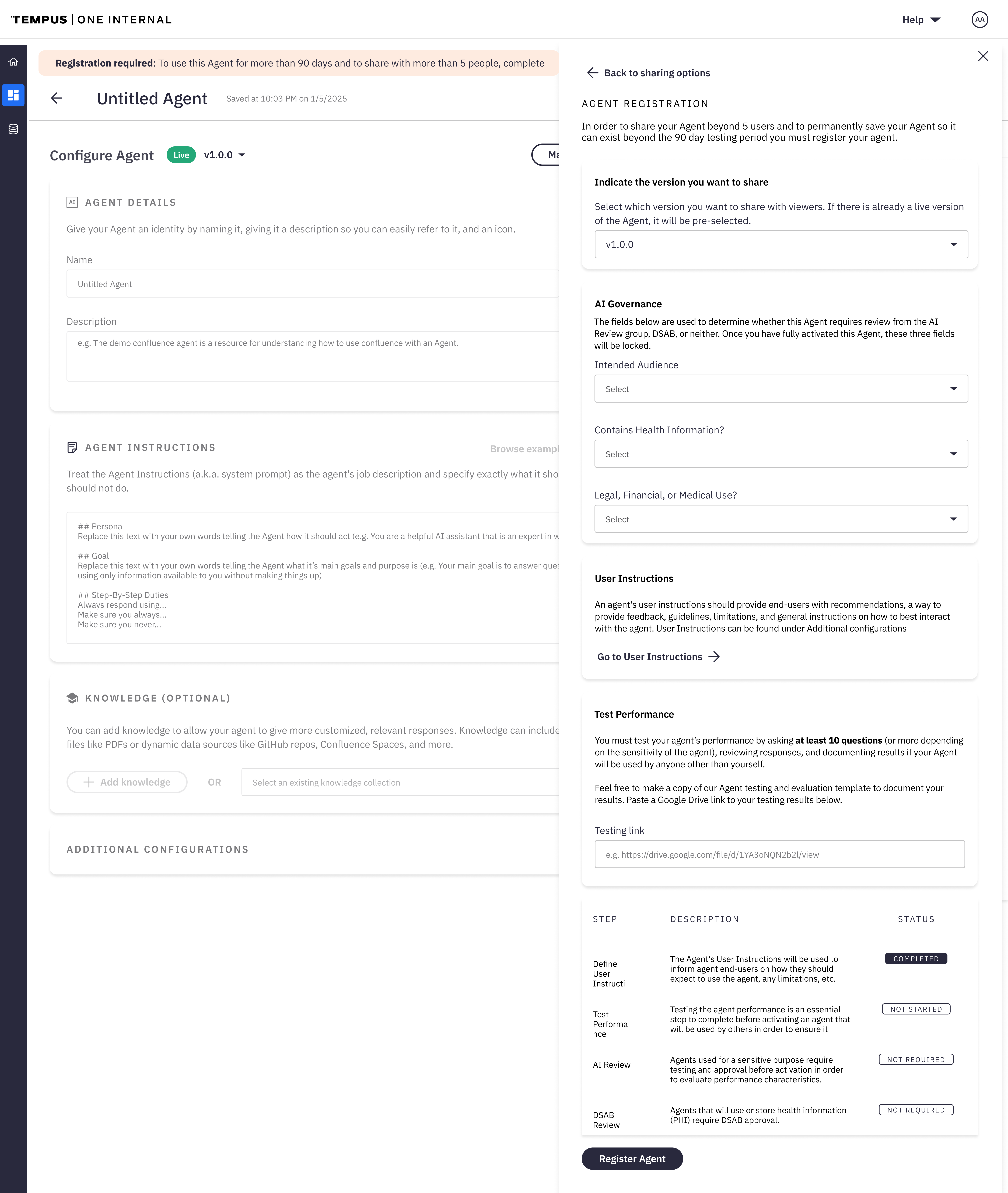 Agent registration panel with AI Governance fields, a link to user instructions, a required test-performance step with a link field, and a checklist of registration steps with live status