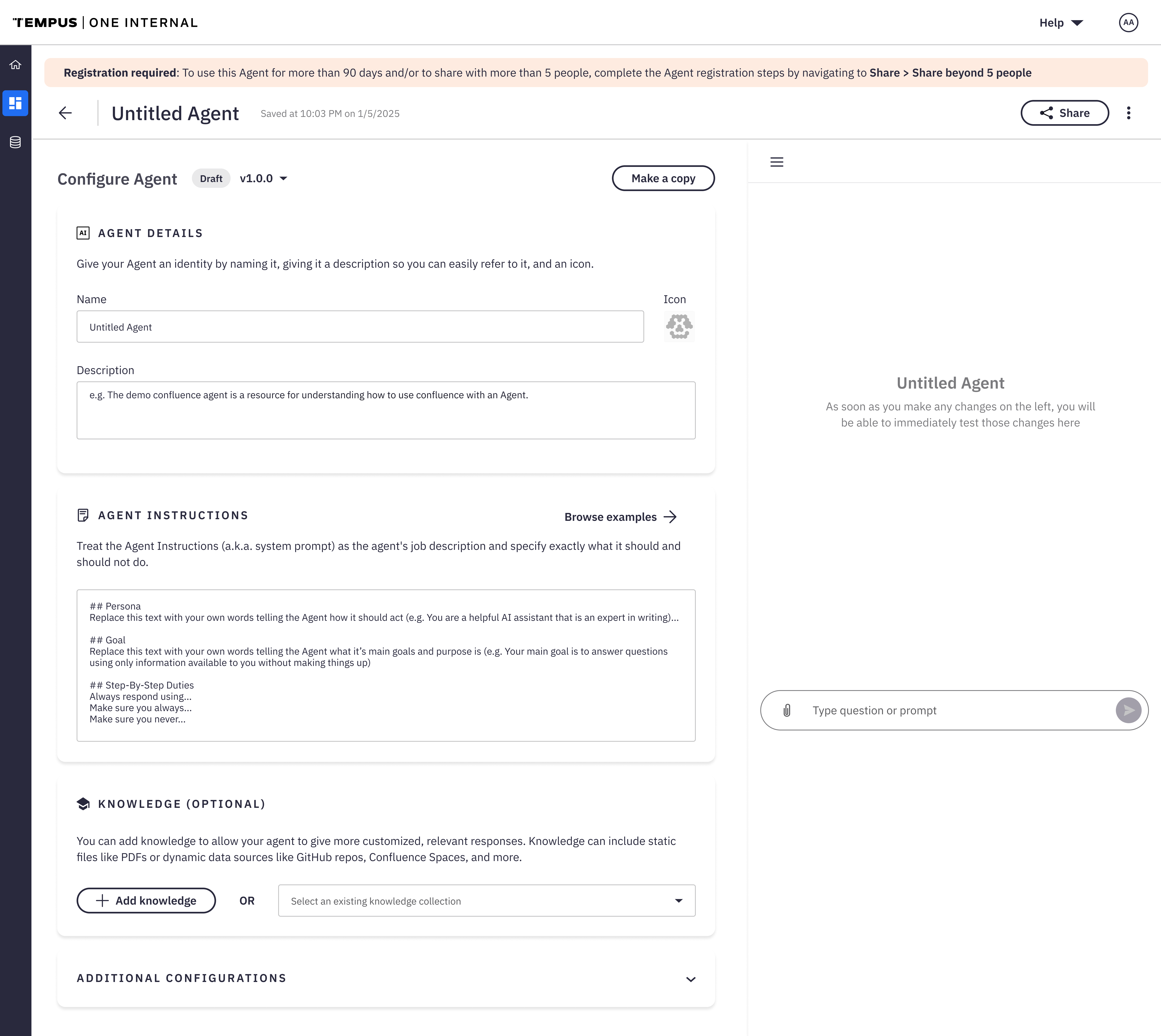 Simplified Configure Agent page showing only Agent Details, Agent Instructions, and Knowledge fields, with Additional Configurations collapsed