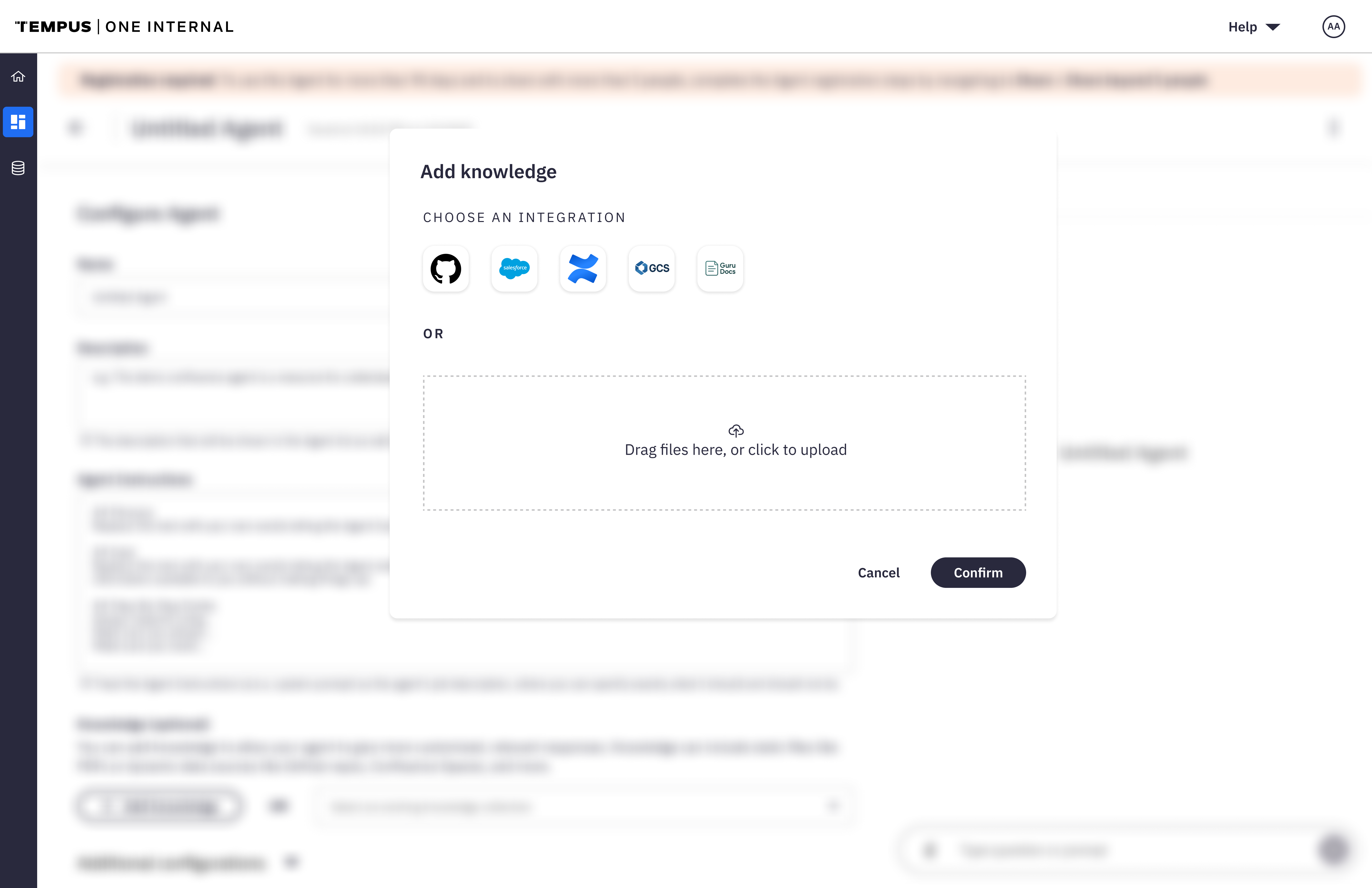 Add knowledge modal offering pre-built integrations for GitHub, Salesforce, Jira, Google Cloud Storage, and Guru Docs, or a drag-and-drop file upload