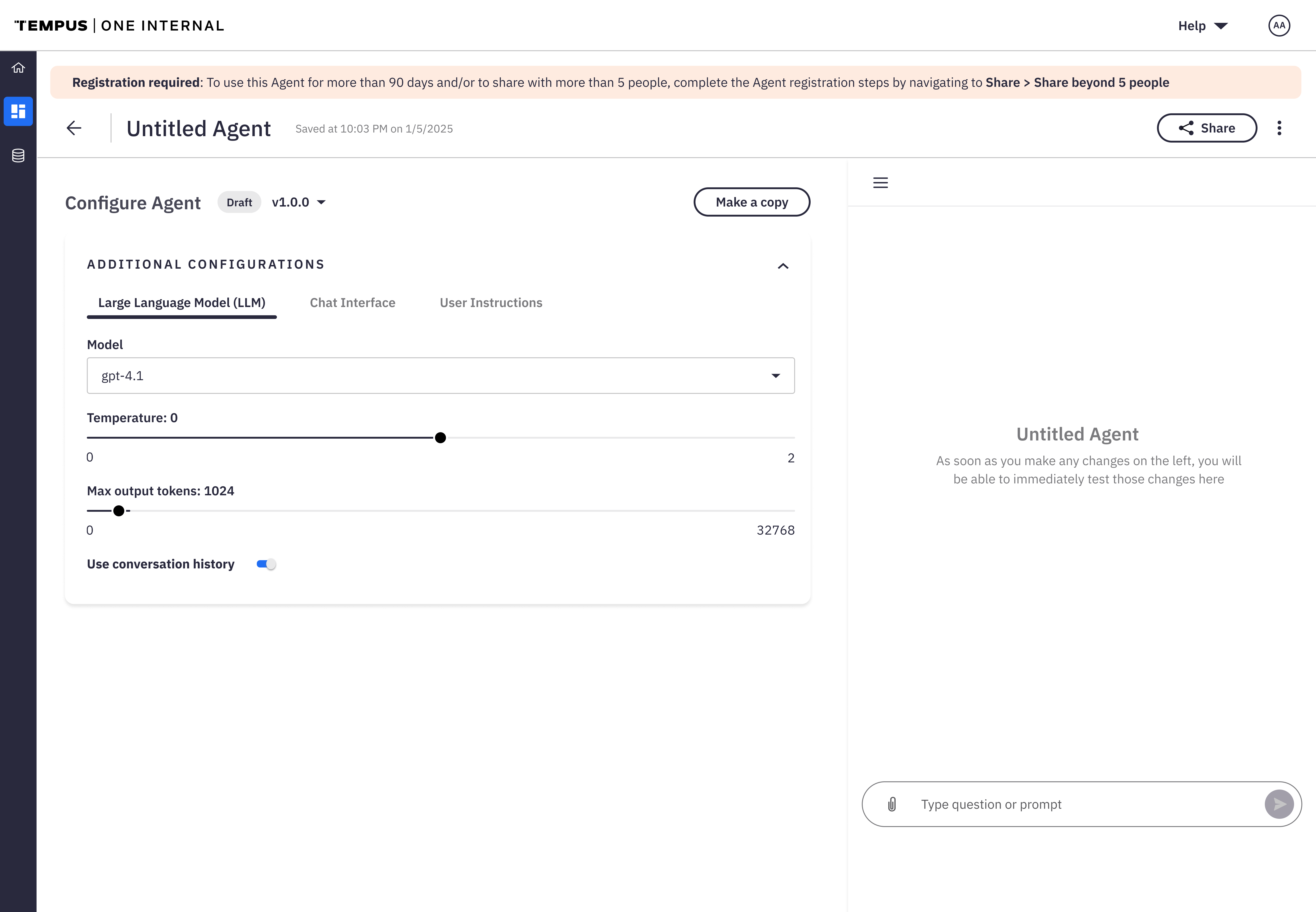 LLM configuration tab under Additional Configurations, showing model selection, temperature slider, max output tokens slider, and a conversation-history toggle