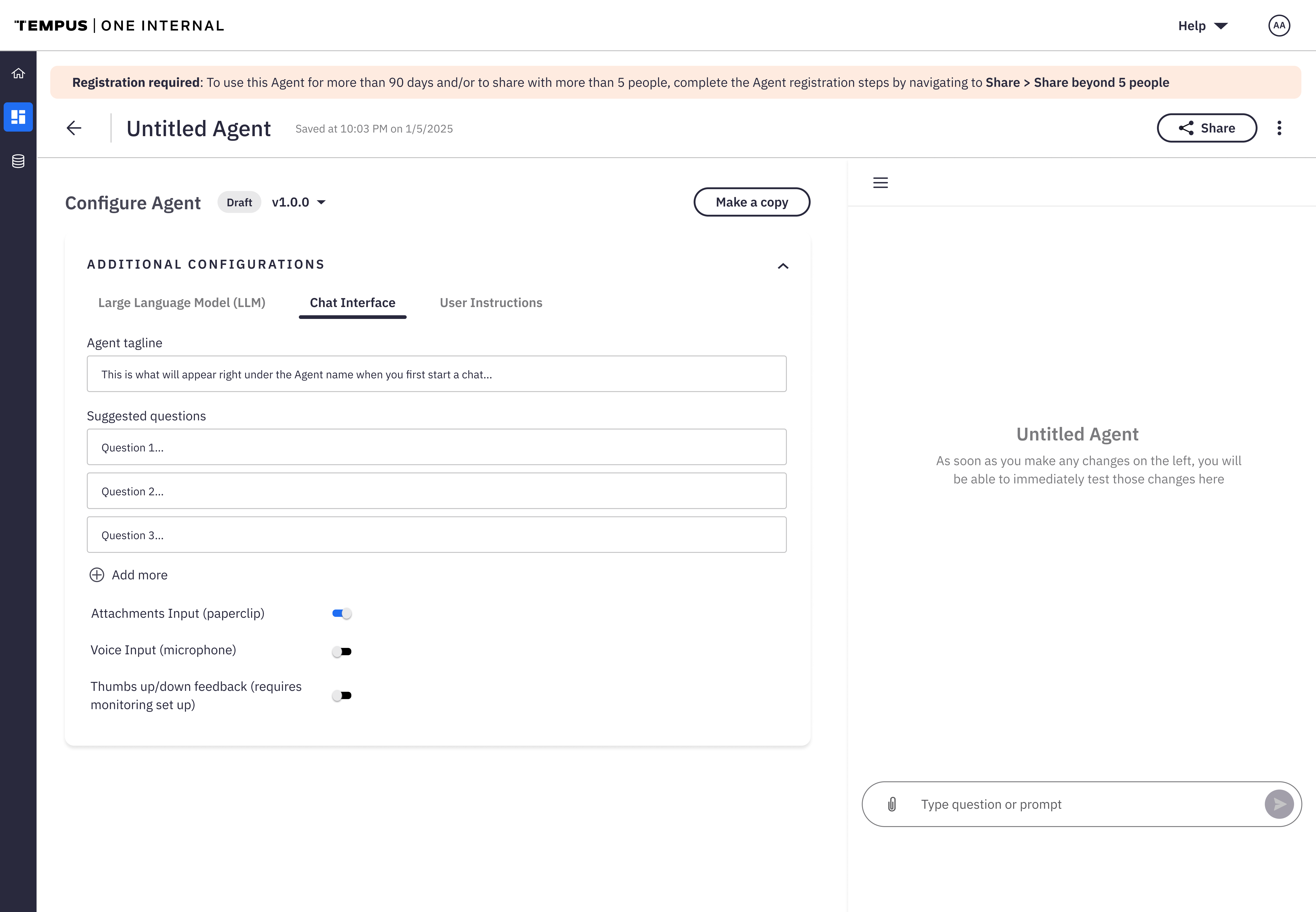 Chat interface configuration tab showing agent tagline, suggested questions, and toggles for attachments input, voice input, and thumbs up/down feedback