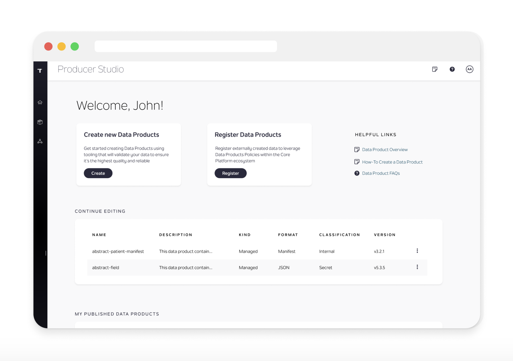 Screenshot of the redesigned Studio space interface, the entry point for creating a new Data Product