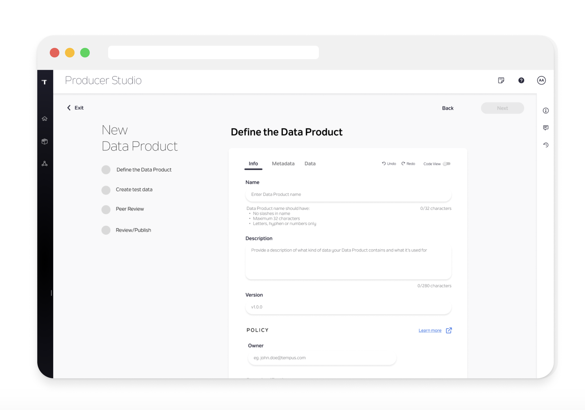 Screenshot of the guided-steps interface walking a producer through each phase of creating a Data Product