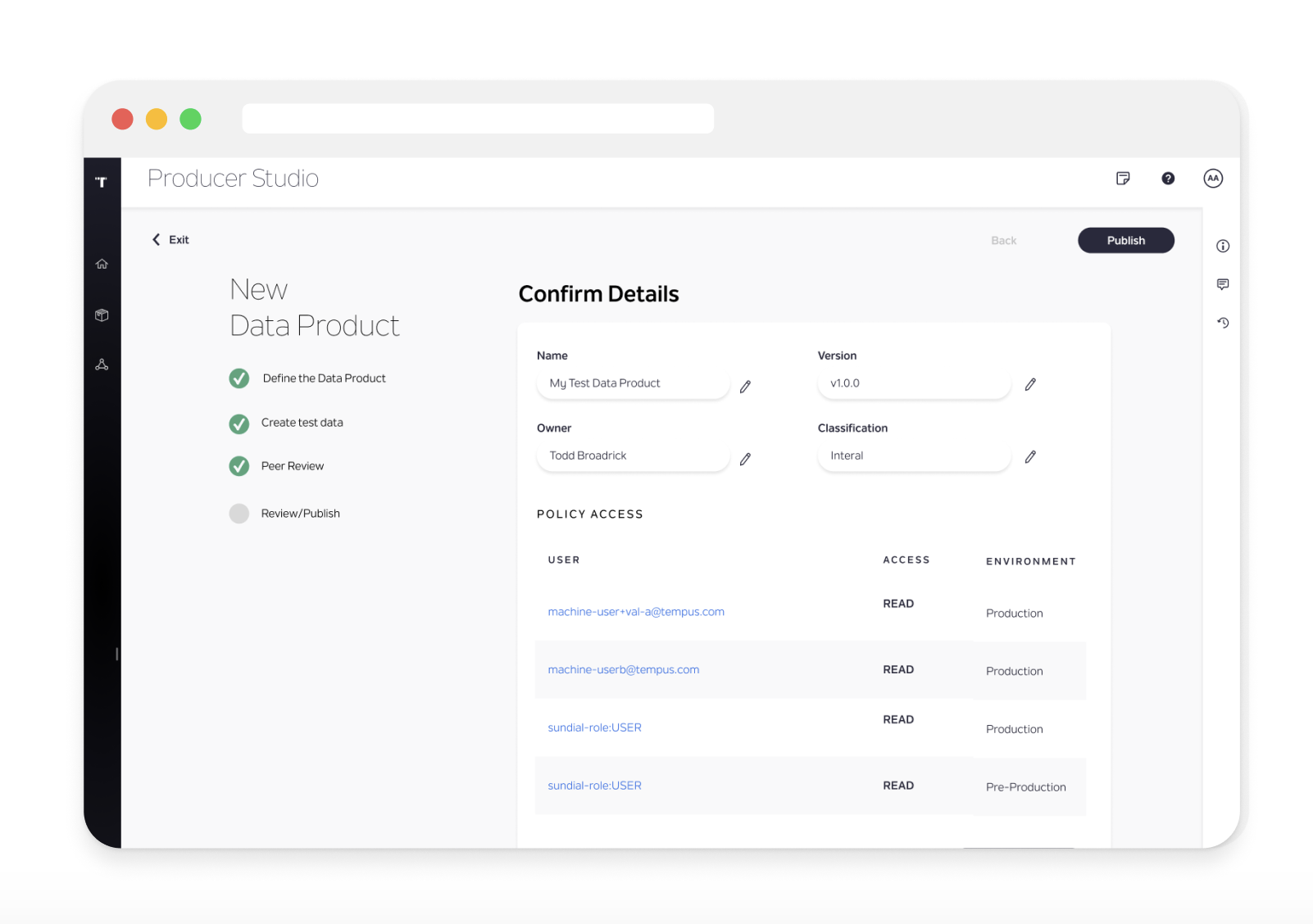 Screenshot of the Confirm Details review screen, the final step before publishing, showing the Data Product's name, version, owner, classification, and a policy access table