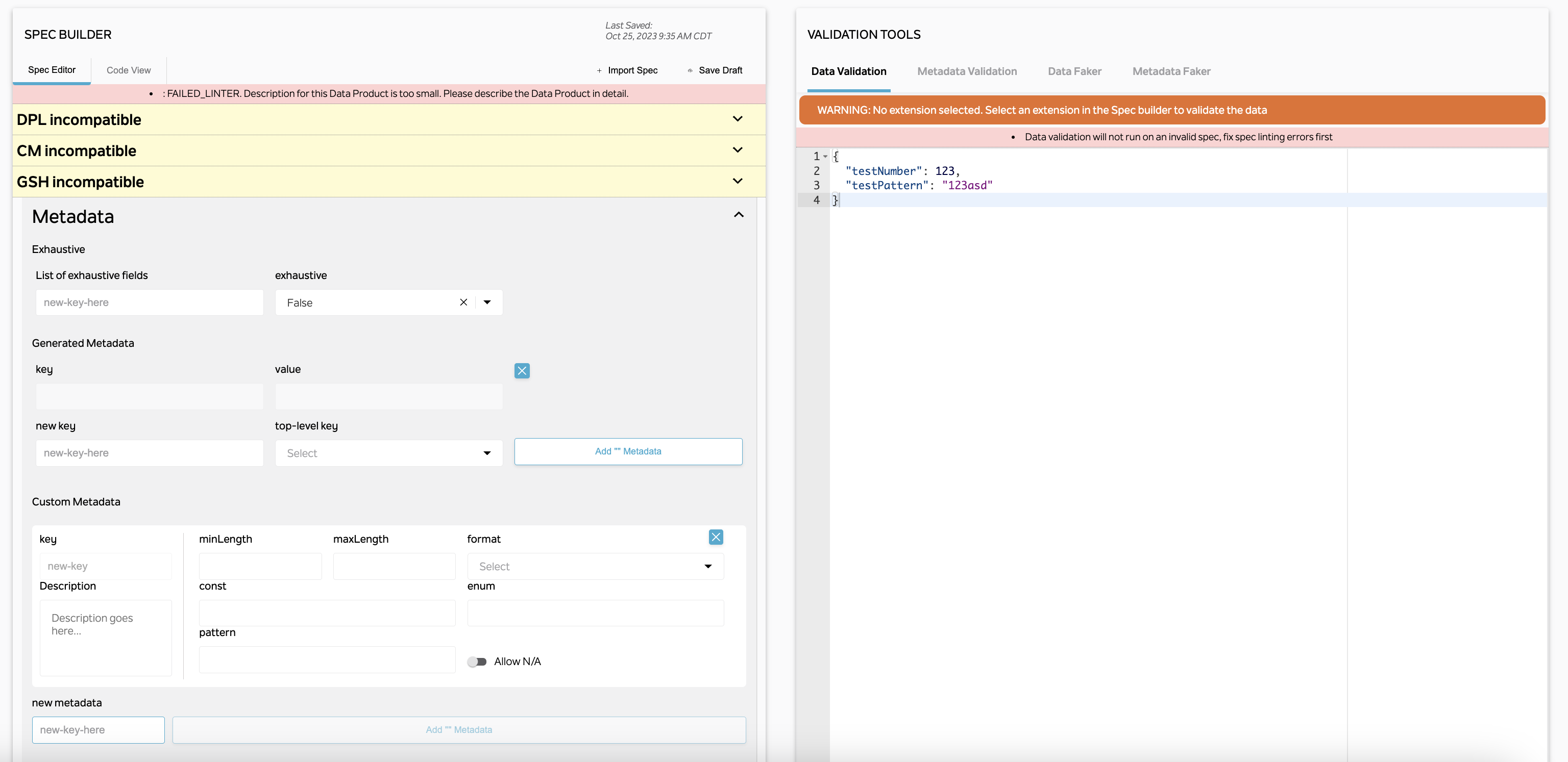 Screenshot of the old Spec Builder: collapsible DPL, CM, and GSH incompatibility sections and a dense Metadata form on the left, next to a separate Validation Tools panel