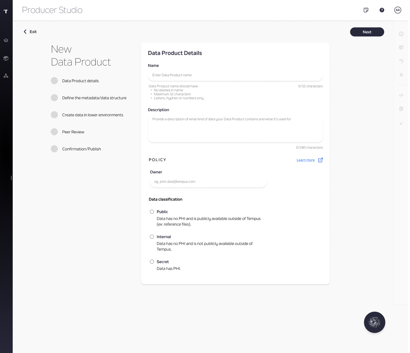 High-fidelity Figma mock showing policy creation moved into step one of the flow