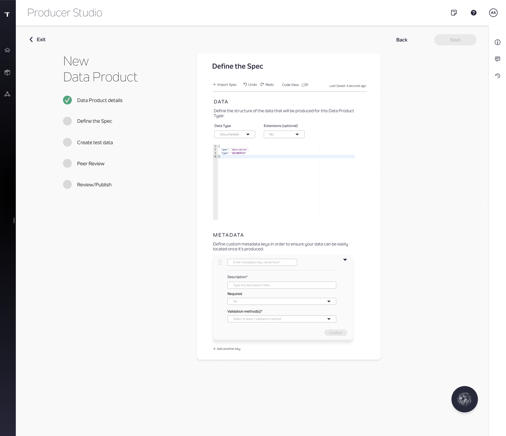 High-fidelity Figma mock of a simplified spec creation screen