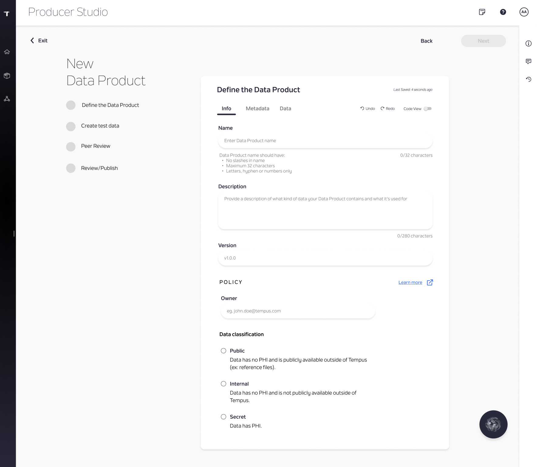 High-fidelity Figma mock of the Define the Data Product screen split into Info, Metadata, and Data tabs, with a Policy section for data classification