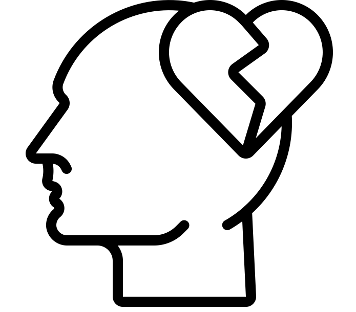 Icon of a head in profile with a broken heart, representing compromised well-being
