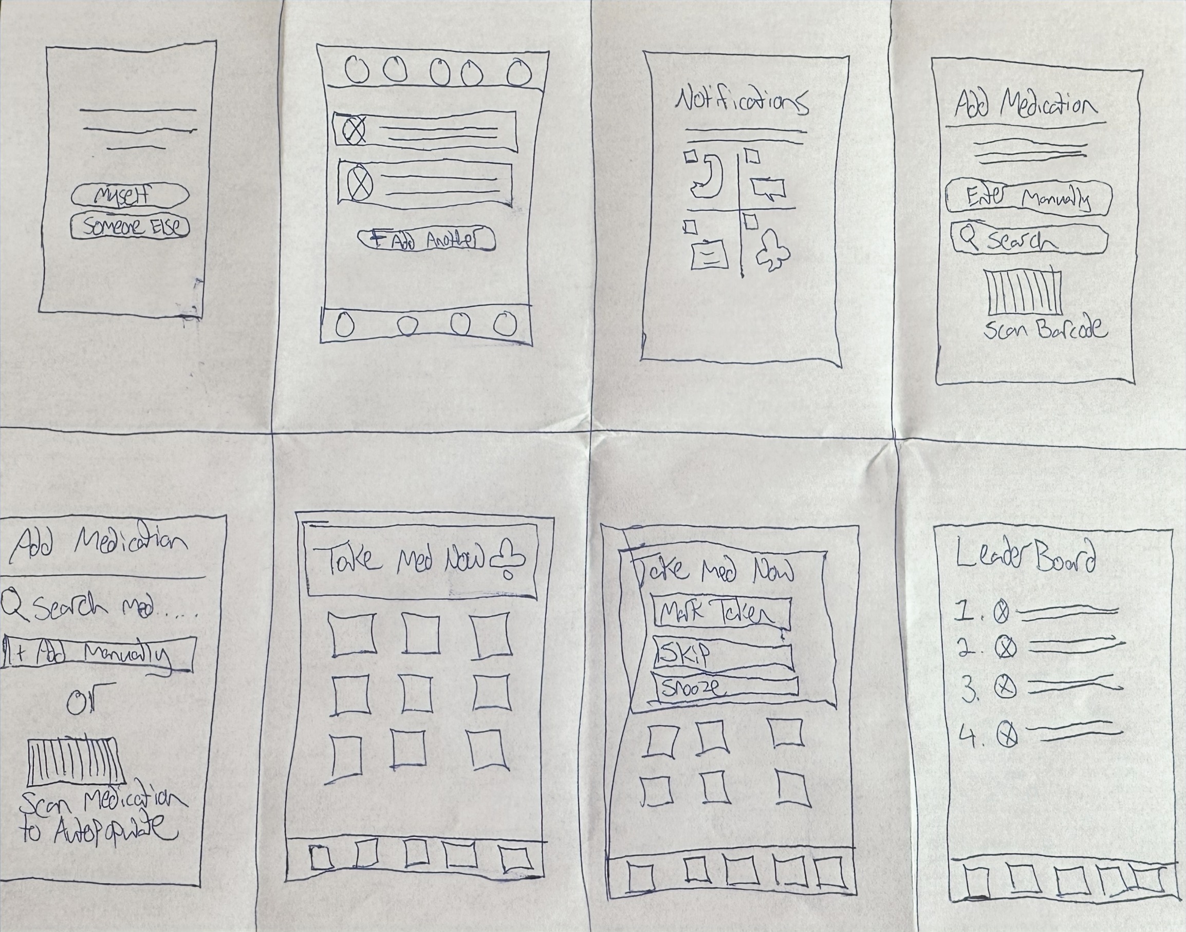 Eight hand-drawn rapid sketches: a myself-or-someone-else selector, a medication list with an add-another action, a notifications screen, two add-medication screens (manual entry, search, scan barcode), a Take Med Now grid, a Take Med Now screen with mark taken, skip and snooze, and a leaderboard