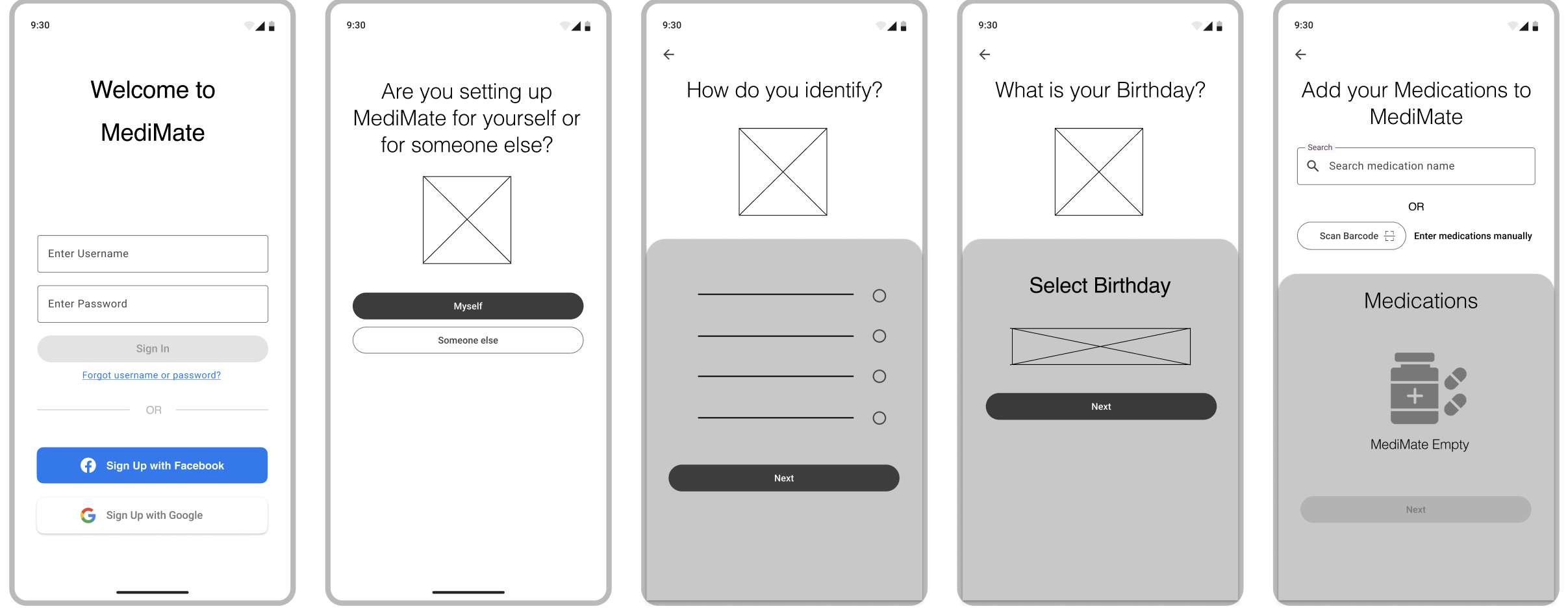 Low-fidelity onboarding flow: welcome and sign-in screen, a screen asking whether you are setting up MediMate for yourself or someone else, an identity question, a birthday question, and a screen for adding medications by search, barcode scan, or manual entry