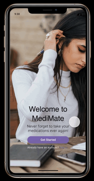 Animated demo of the final MediMate prototype opening on the Welcome screen, with a Get Started button and a log-in link for returning users