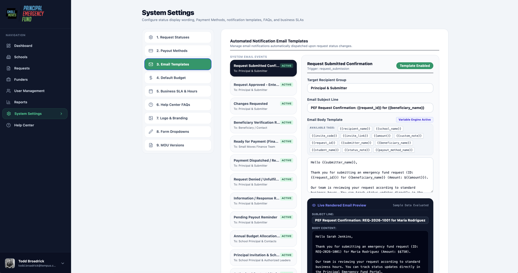 Built system settings screen showing automated notification email templates with variable tags and a live rendered preview