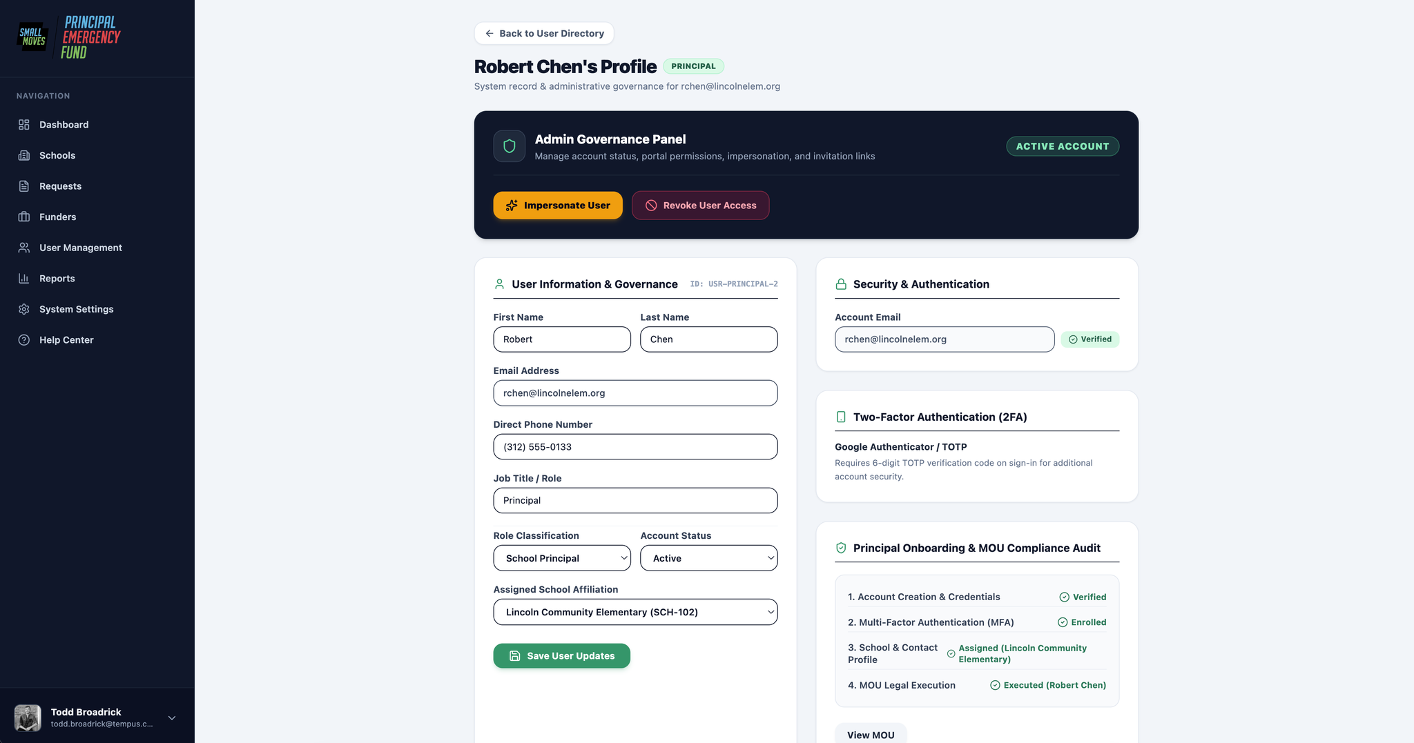 Built admin user profile with an Admin Governance Panel offering Impersonate User and Revoke User Access, alongside user information, 2FA status and MOU compliance audit