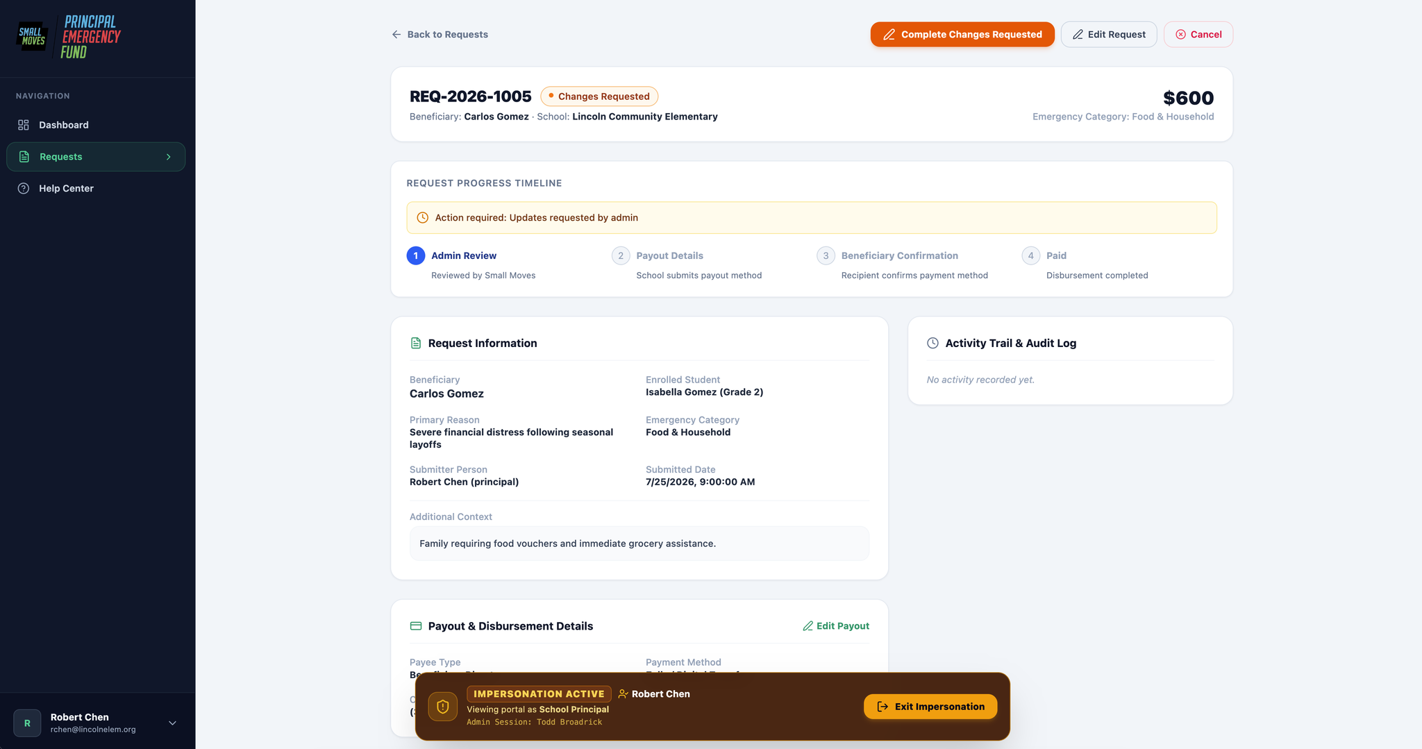 Built principal request detail in the Changes Requested state with a Complete Changes Requested action