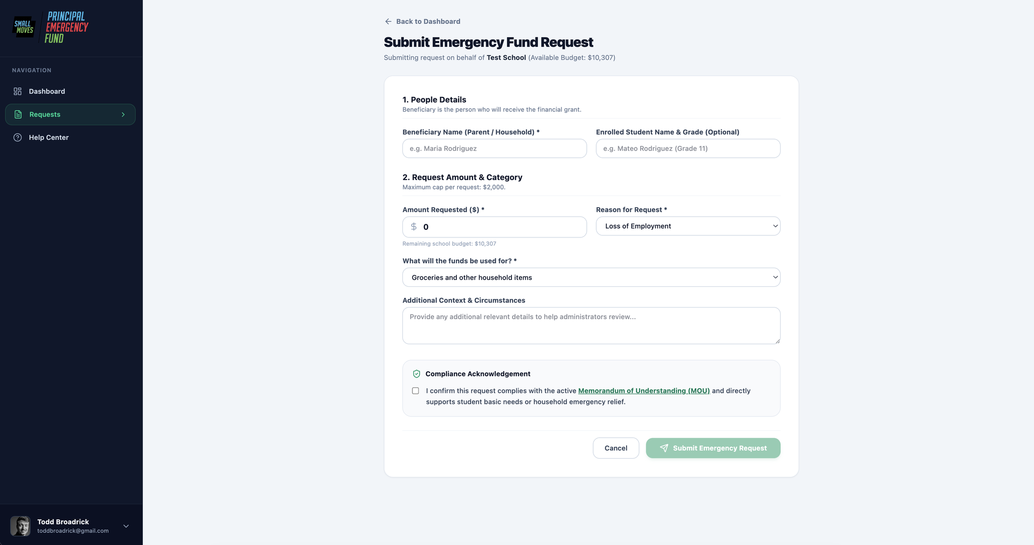 Built submit emergency fund request form with people details, amount and category, and compliance acknowledgement