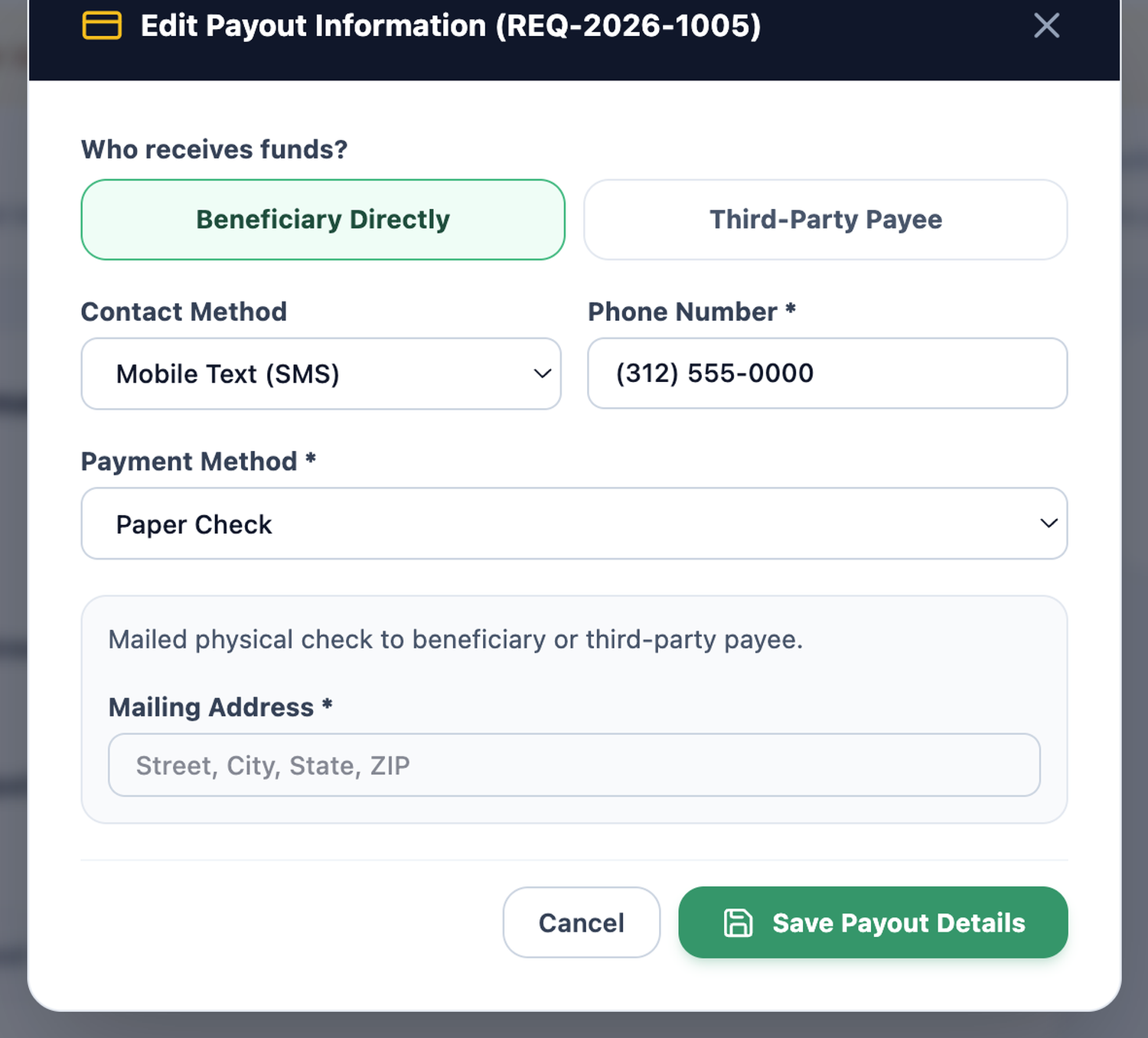 Built edit payout information modal with beneficiary versus third-party payee toggle, contact method and payment method