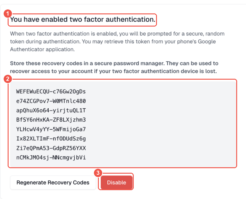 The old two-factor setup completion screen, annotated: a flat heading, recovery codes with no copy action, and a red Disable button