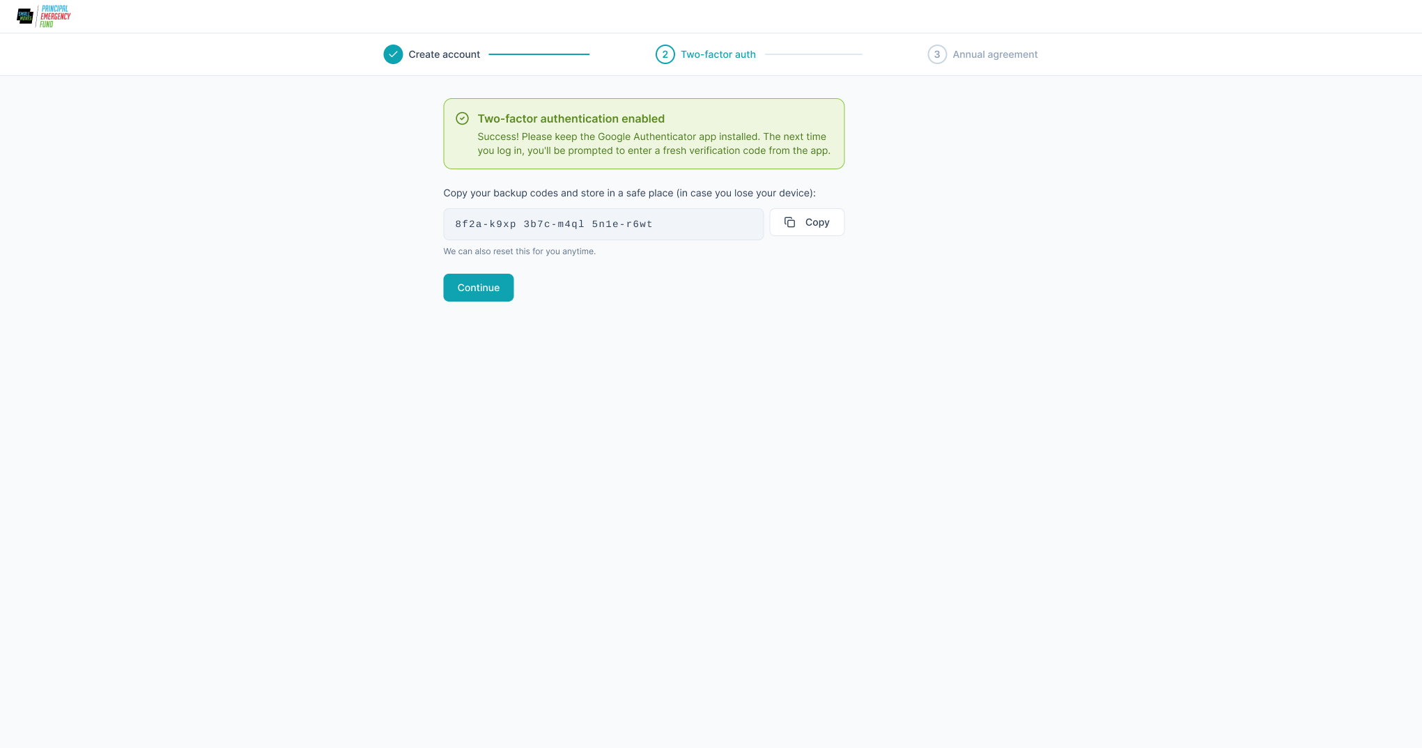 Two-factor authentication success screen with clearly labelled backup codes and a copy action