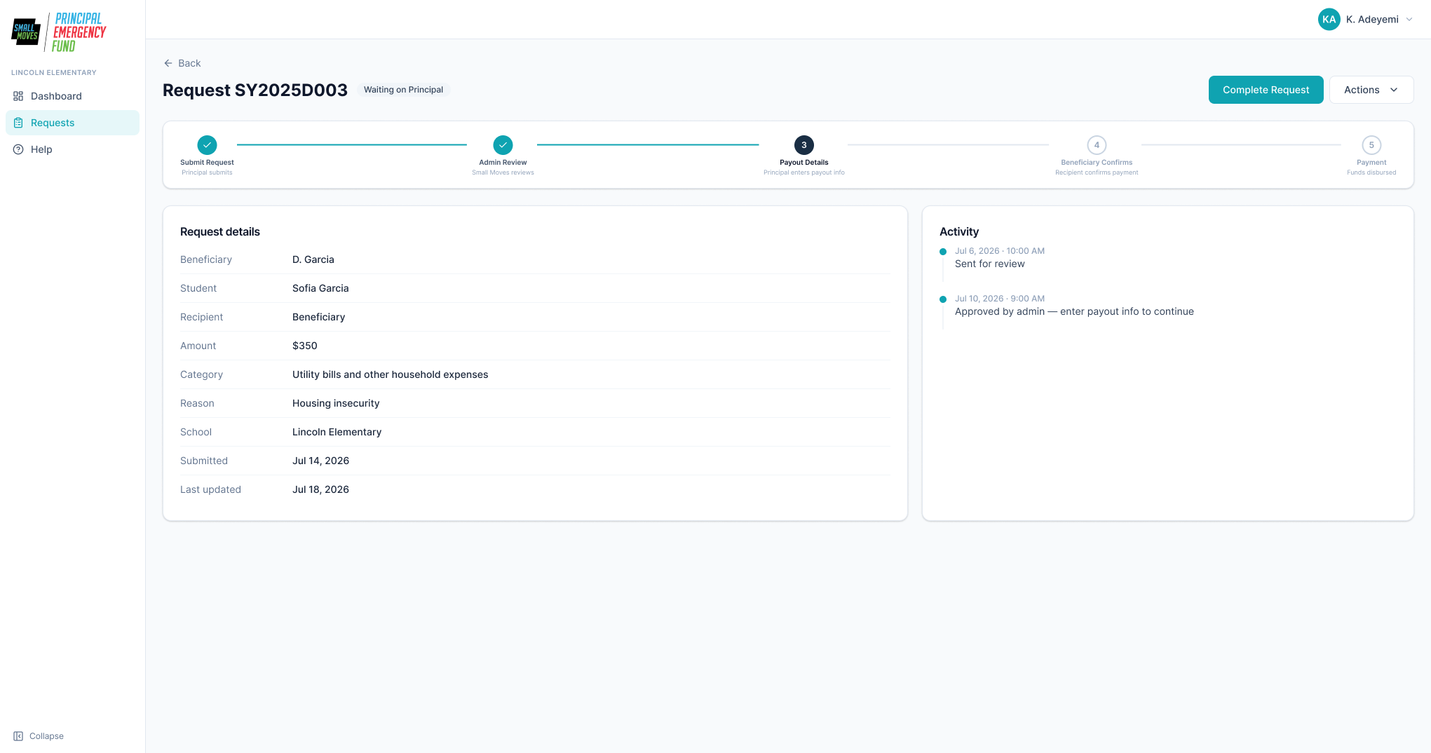 Principal request detail screen with a five-step status pipeline, request details and activity log