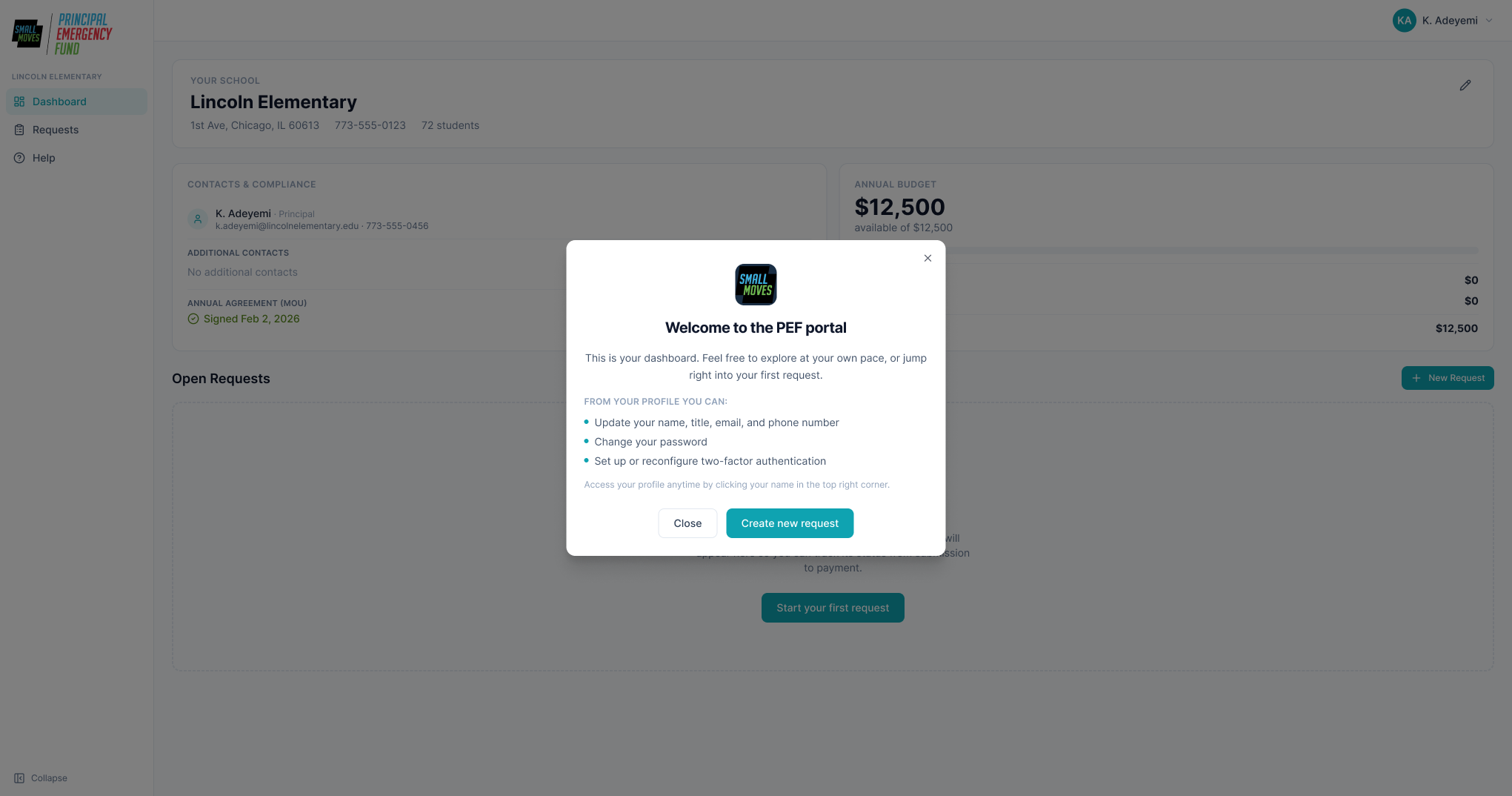 Principal dashboard on first login with a welcome modal explaining the process