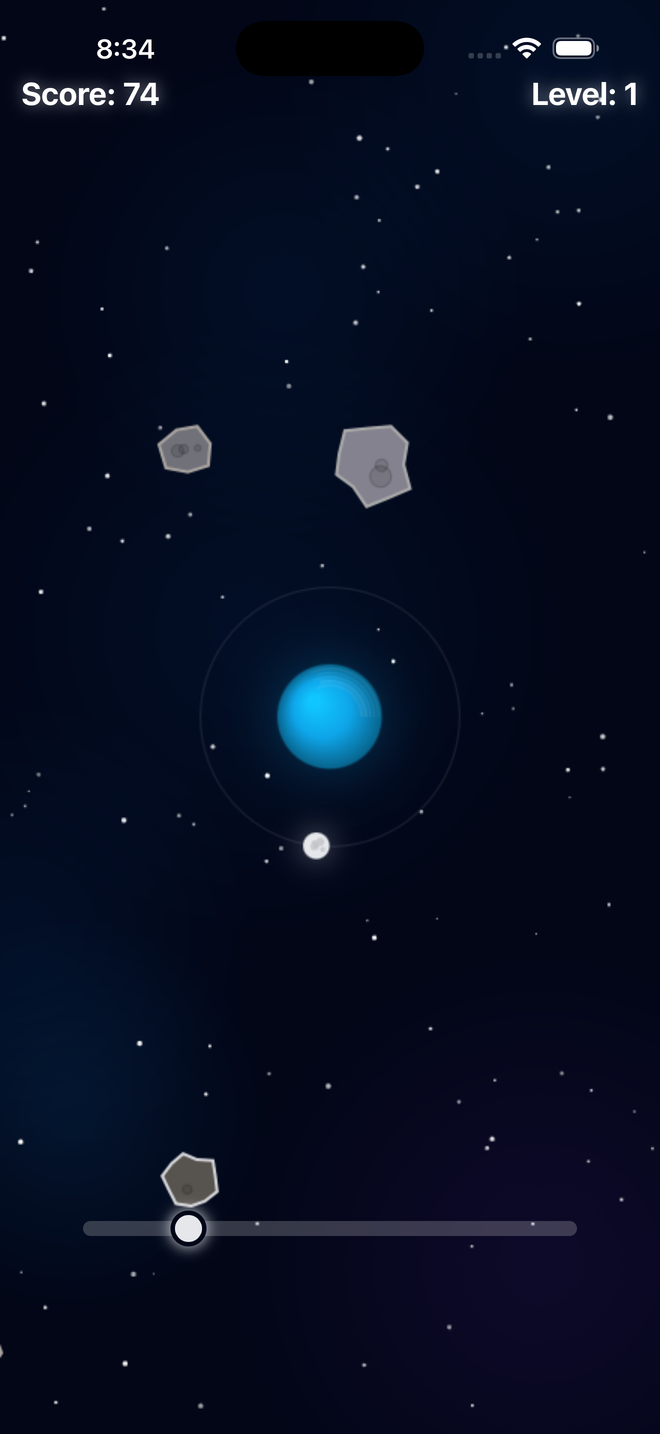 Early slider-control iteration, requiring the player to watch a slider at the bottom of the screen while steering the ship