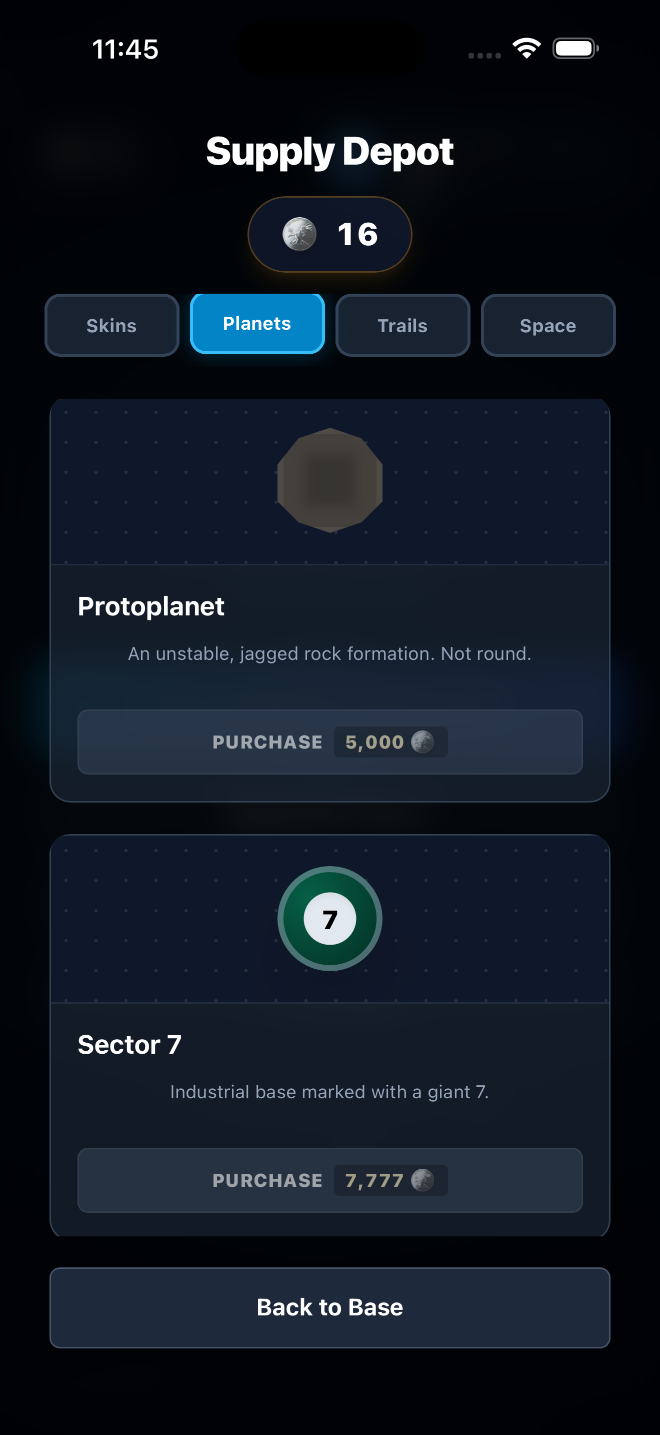 Supply Depot shop screen for spending points on cosmetic ship skins