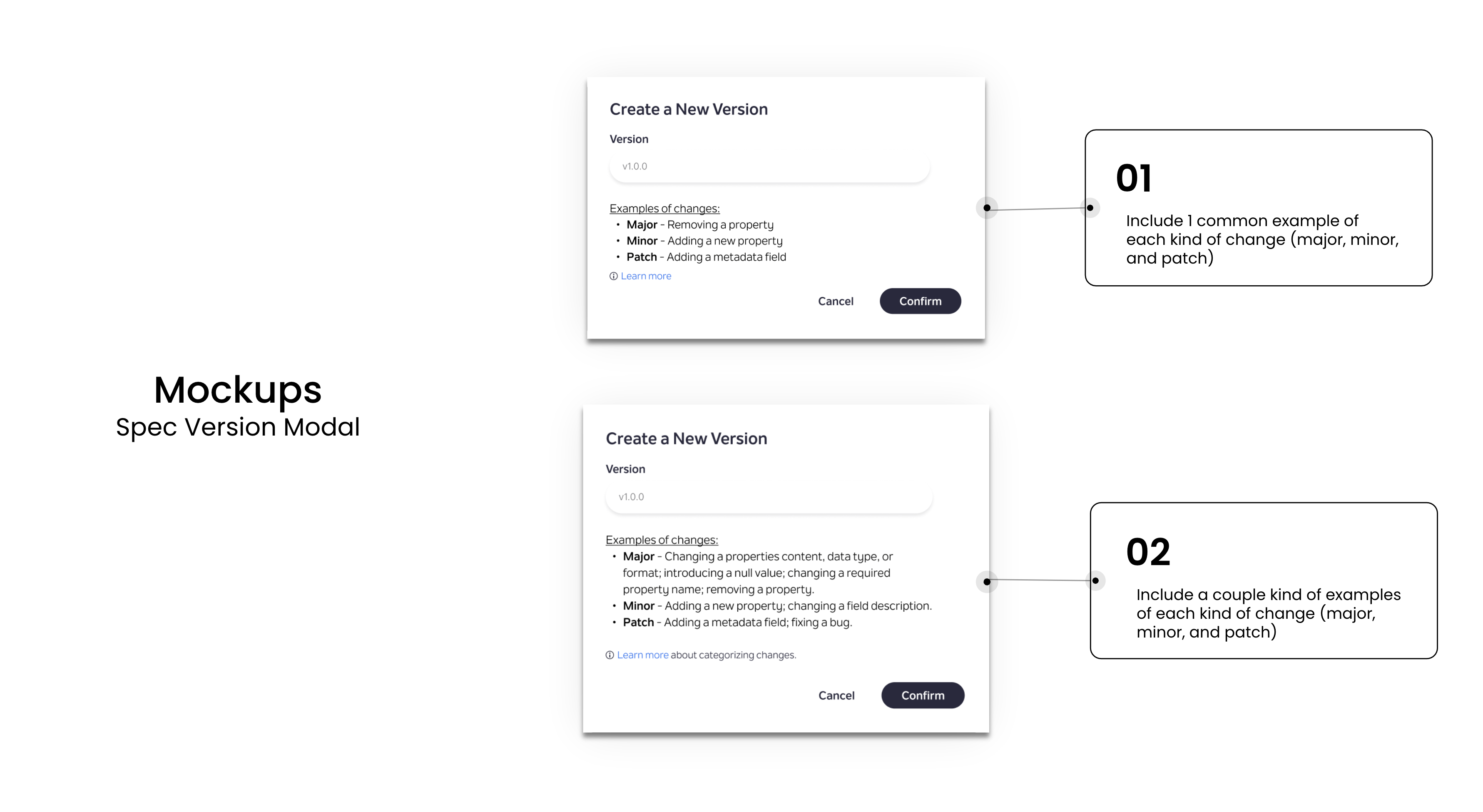 Create a New Version modal, first pass, explaining semantic versioning at the point of creating a version