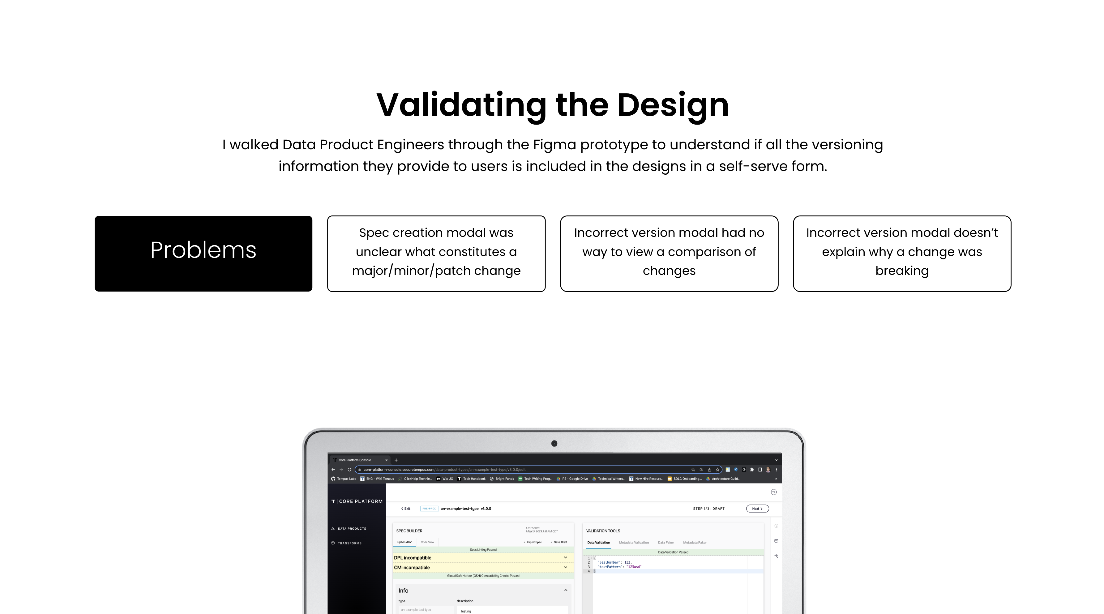 New Spec Version modal after refinement, showing brief descriptions and one example each for major, minor, and patch changes