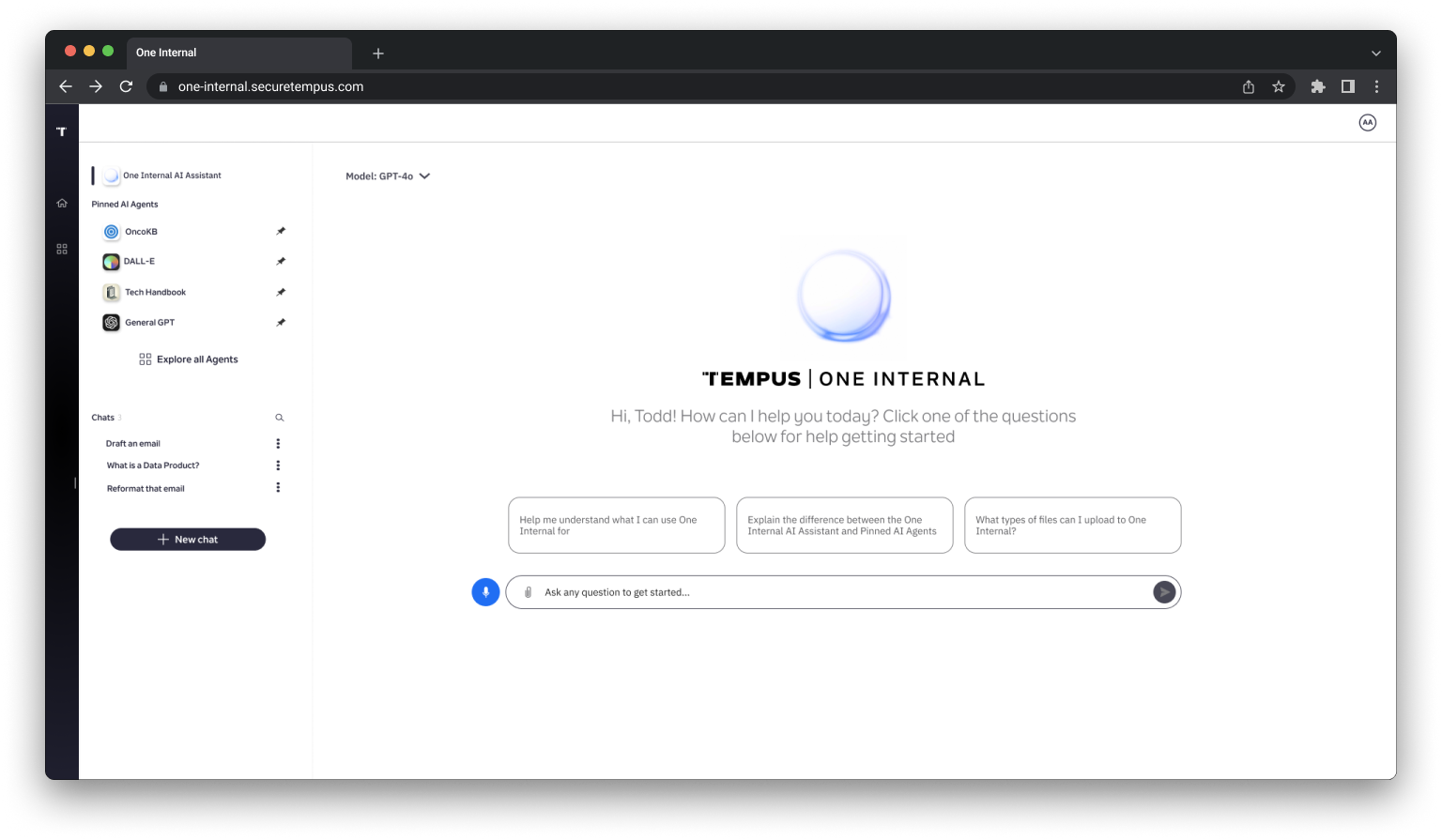 The live Tempus One Internal home screen: a GPT-4o model selector, pinned AI agents in the left rail, a Tempus One Internal orb logo, a personalized greeting with three suggested starter questions, and a voice-input icon beside the message field