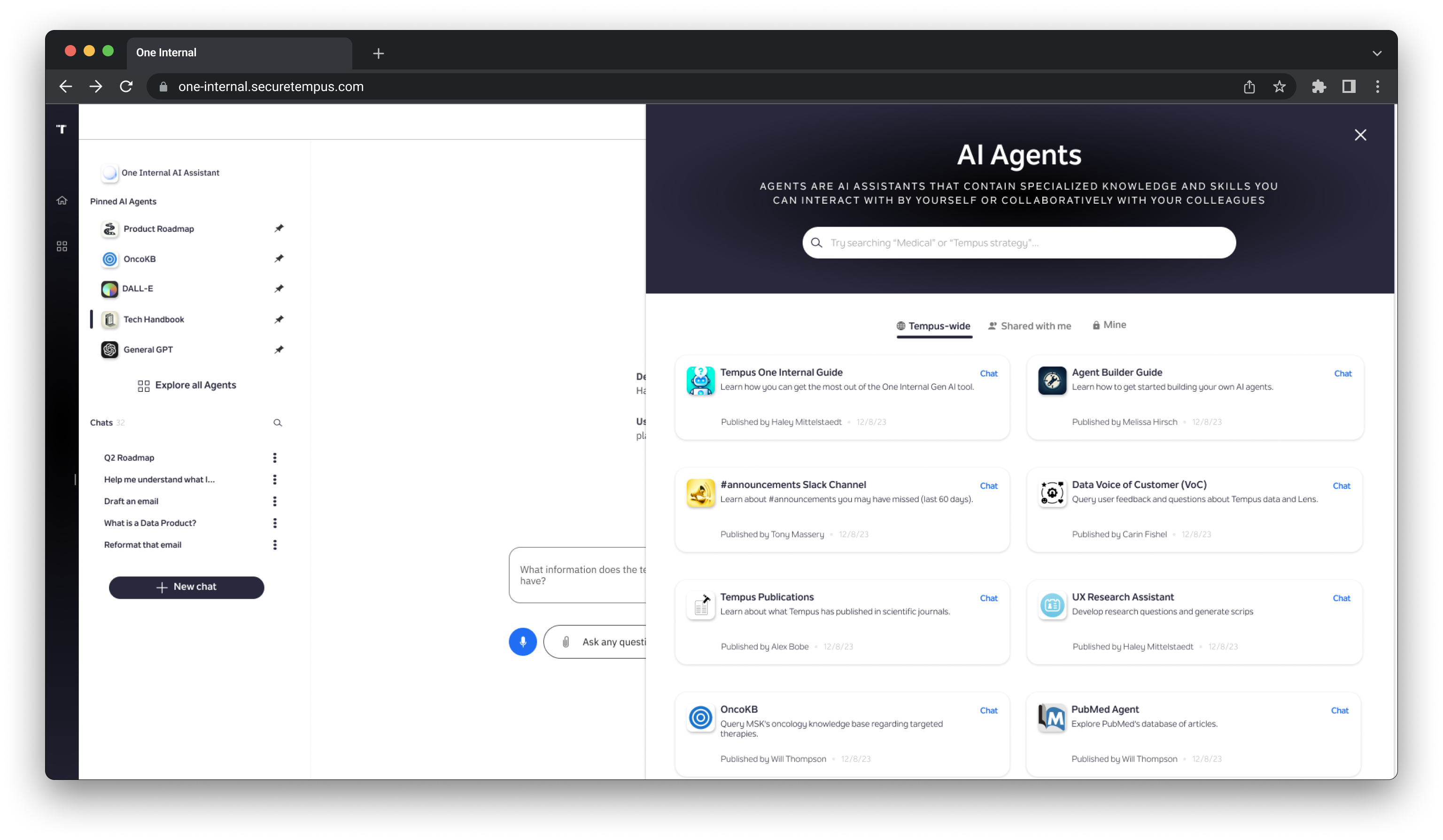 The Explore all Agents directory, a modal titled AI Agents with a search bar and three category tabs — Tempus-wide, Shared with me, and Mine — above a grid of agent cards each showing its publisher and publish date