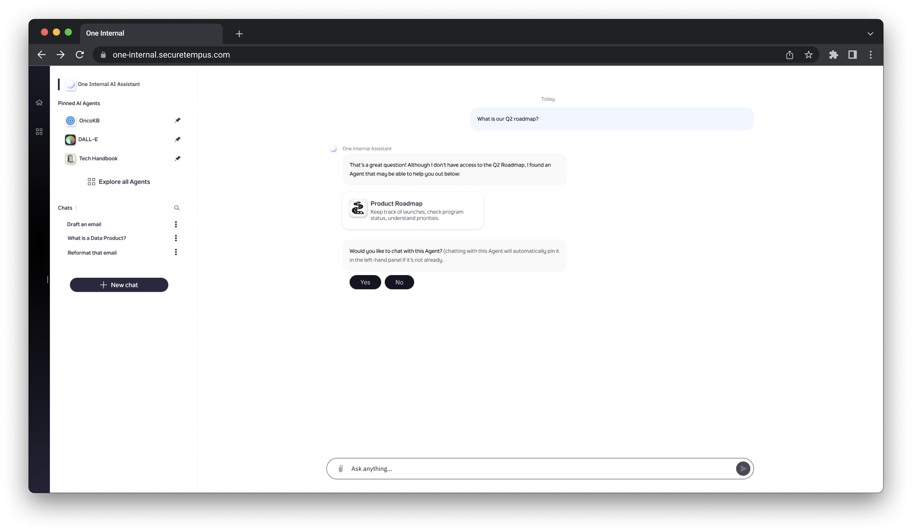 Chat conversation where a user asks What is our Q2 roadmap?, the assistant replies that it does not have access but found a Product Roadmap agent that may help, and offers Yes/No buttons to start chatting with that agent