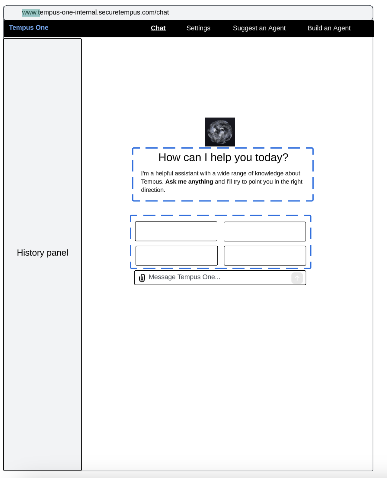Wireframe of the home-screen-to-chat flow: a chat history panel on the left, a How can I help you today prompt in the center, and four placeholder suggested-question tiles above the message field