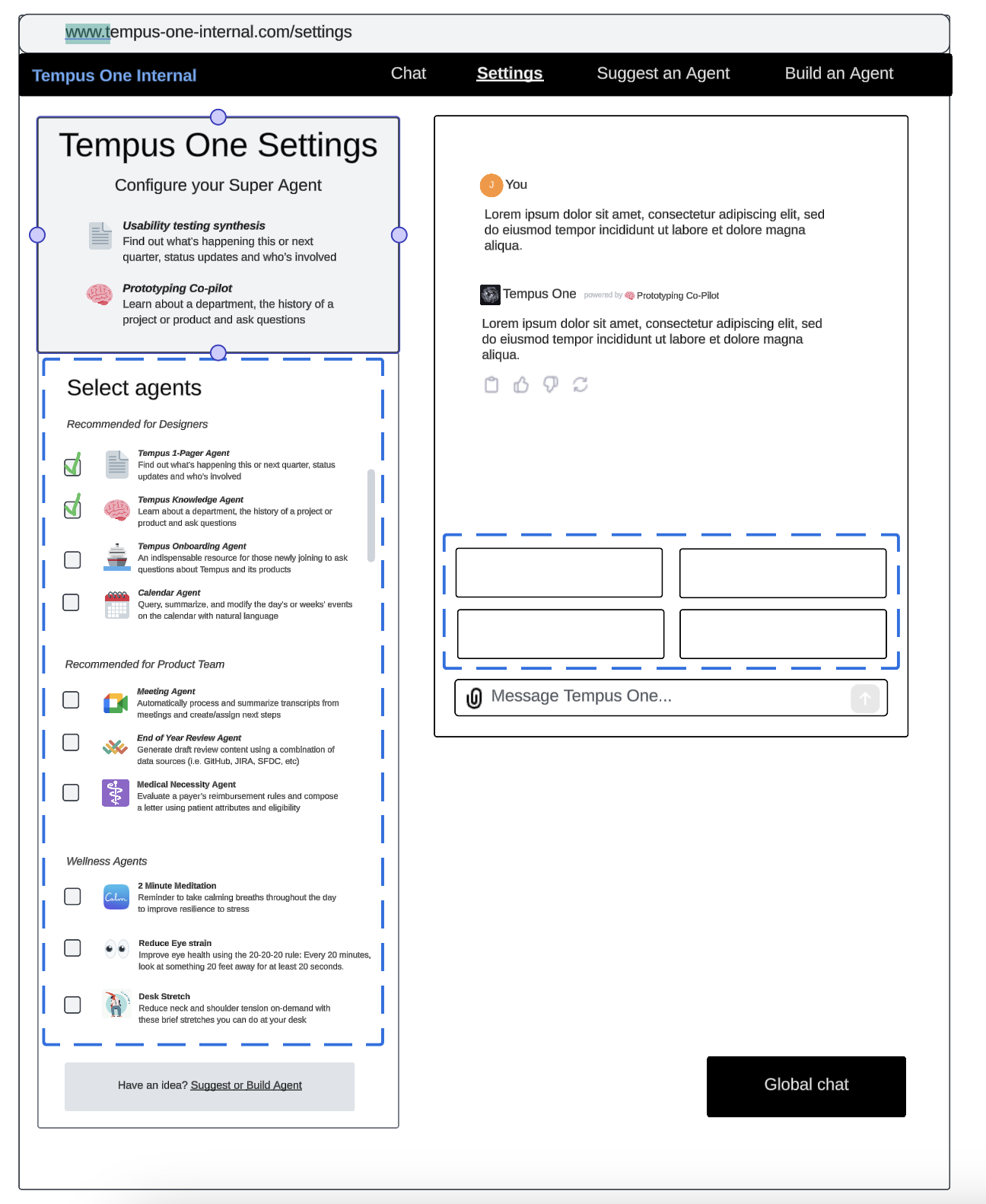 Wireframe of the Tempus One Settings screen, titled Configure your Super Agent, with a checklist of agents grouped under Recommended for Designers, Recommended for Product Team, and Wellness Agents, next to a chat preview reading powered by Prototyping Co-Pilot