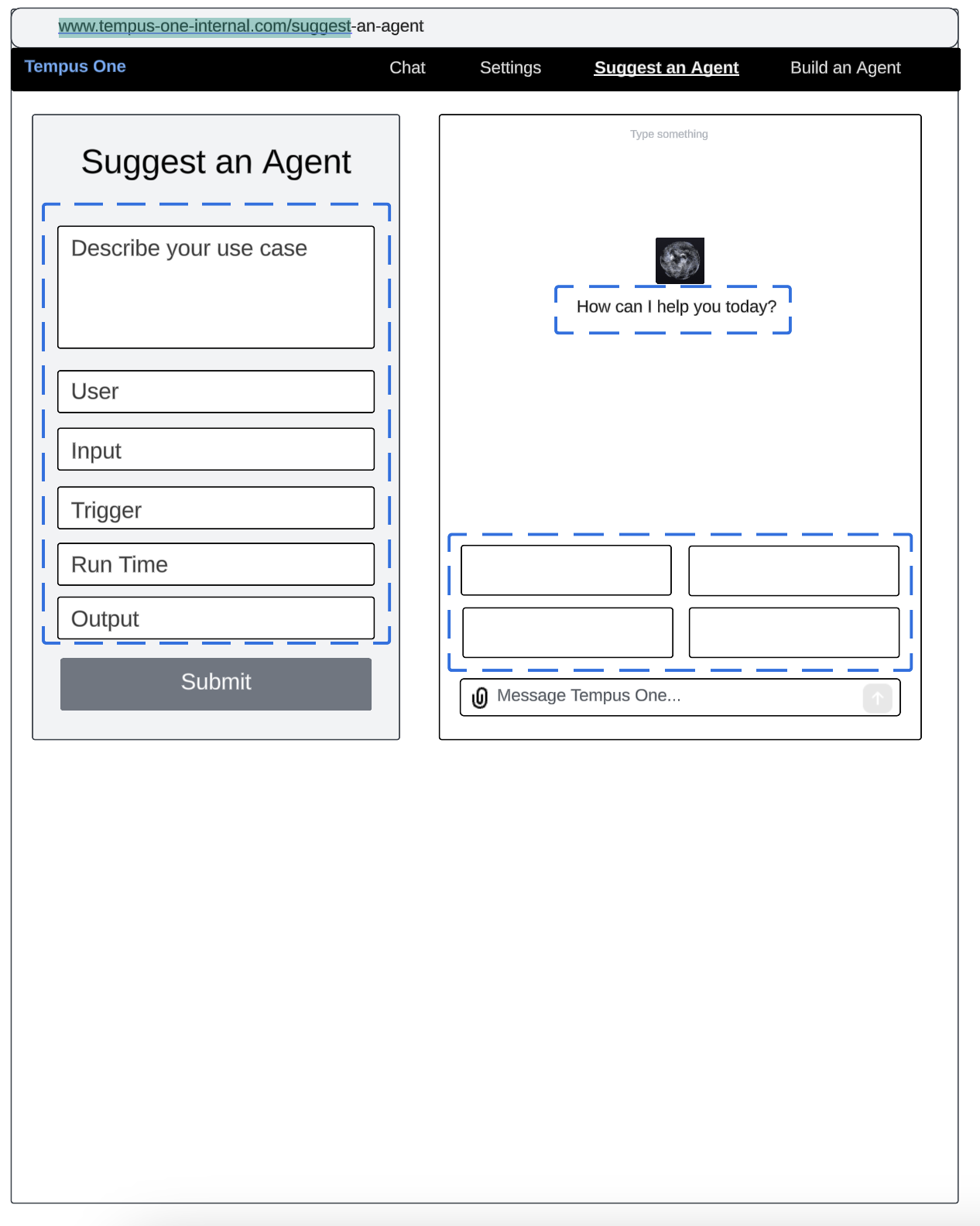 Wireframe of a Suggest an Agent form with fields for Describe your use case, User, Input, Trigger, Run Time, and Output, next to a chat preview panel