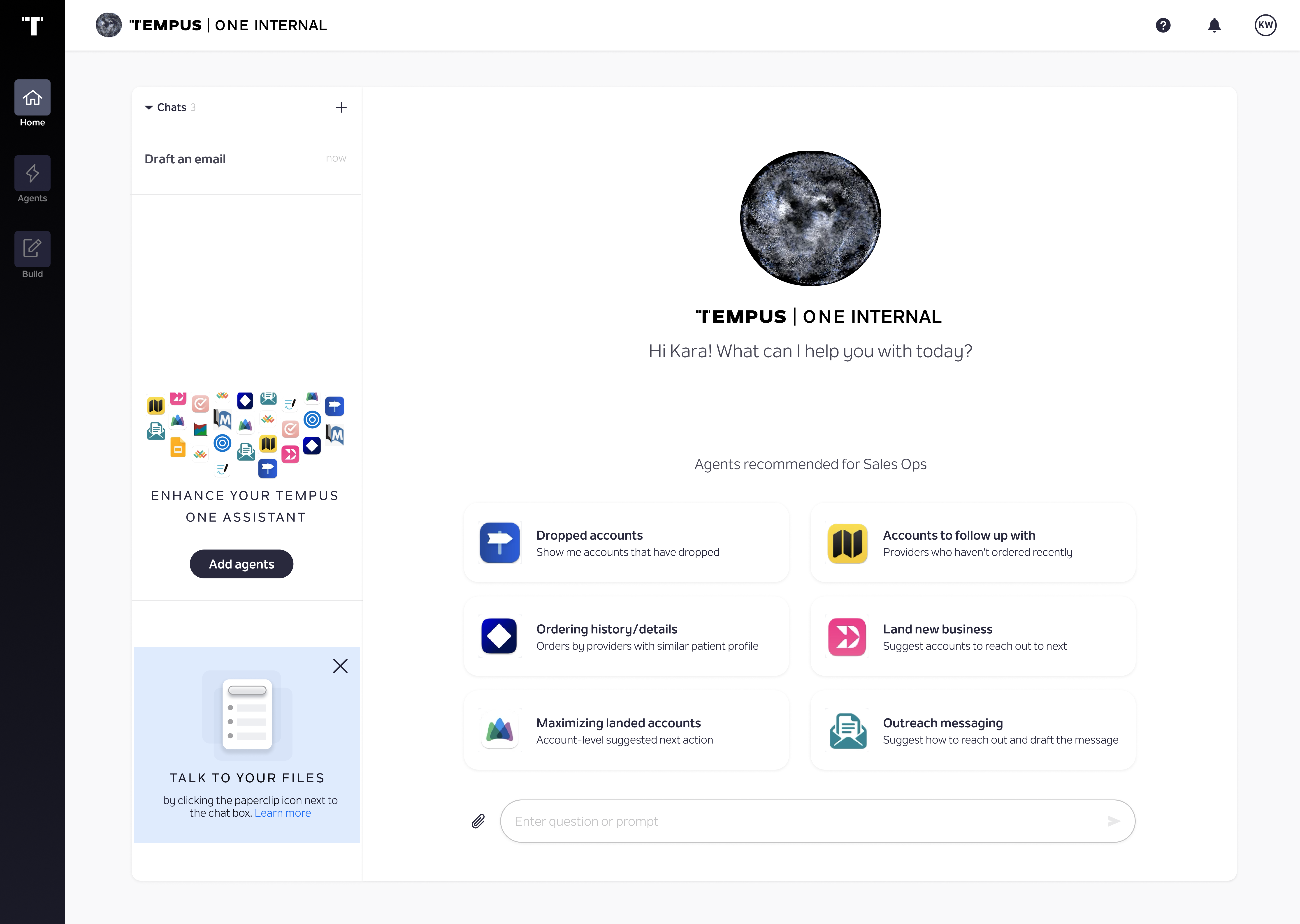 High-fidelity prototype version 2: the same home screen shell, personalized with agents recommended for Sales Ops, including Dropped accounts, Accounts to follow up with, Ordering history, Land new business, and Outreach messaging