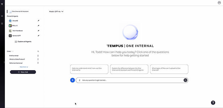 The revised, shipped Tempus One Internal home screen: pinned AI agents (OncoKB, DALL-E, Tech Handbook, General GPT) in the left rail, a recent chats list, a GPT-4o model selector, a personalized Hi Todd greeting, three suggested starter questions, and a voice-input icon beside the message field
